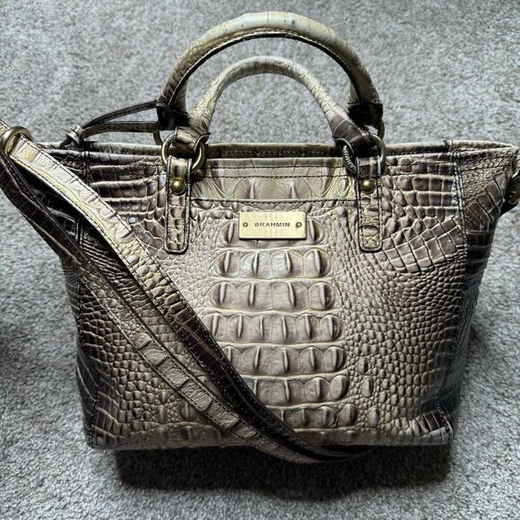 Brahmin Handbags - Brahmin Embossed Alligator Brown & Cream w/ Gold Tone Hardware Satchel Crossbody